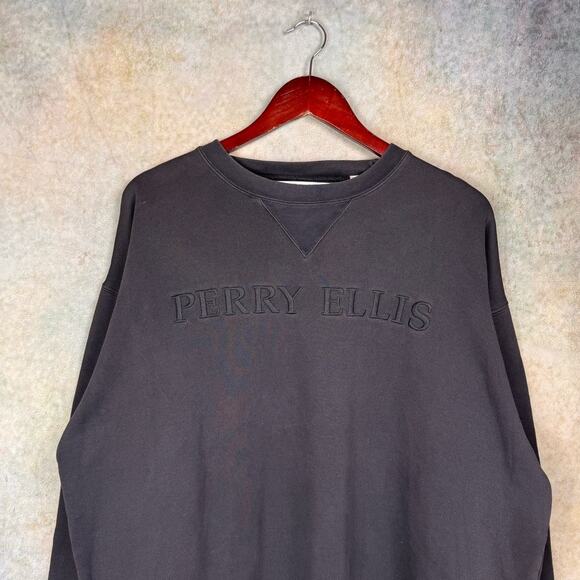 VTG 90s Perry Ellis Crewneck Sweatshirt Sz L Black Pullover Spell Out Logo - Picture 2 of 6